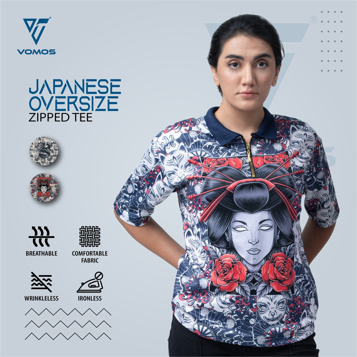 VOMOS Vroom Series Polyester Japanese Graphic Design Zip T shirt (WOMAN) Vomos® Asia 