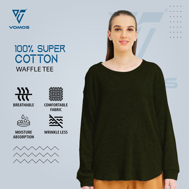 Very Comfortable Long Sleeve Waffle Tee (Women) Vomos® Asia OLIVE GREEN XS 
